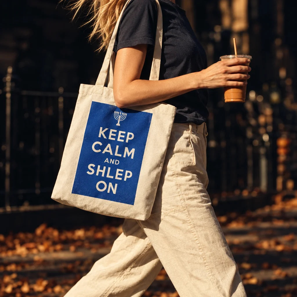 Person carrying a natural canvas Keep Calm and Shlep On tote and an iced coffee